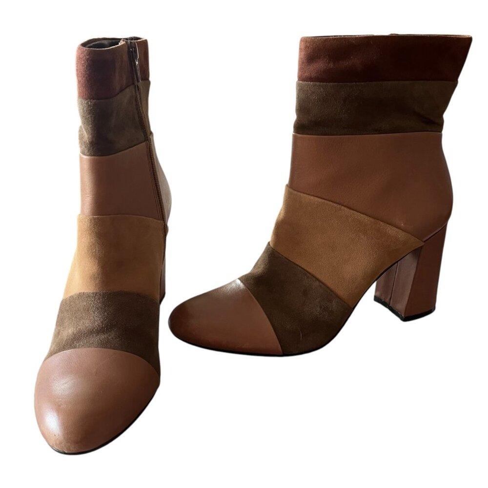 Poetic Licence Women's‎ 7.5 Tan Leather Booties Patchwork Places Heeled London - Picture 1 of 12